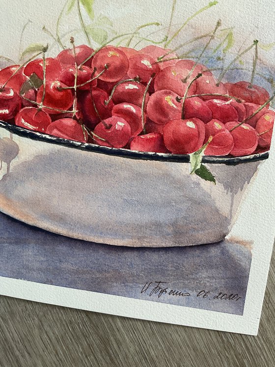 Still life with cherries, original art