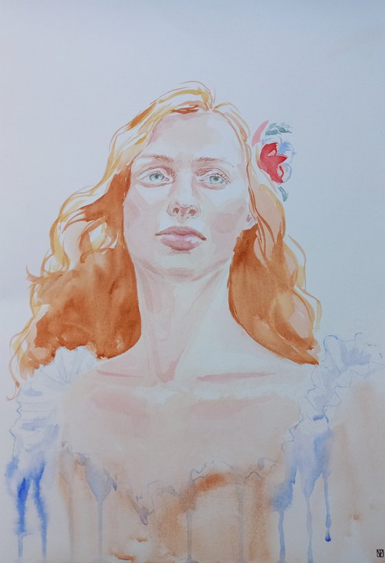 Chastity. Watercolor woman portrait 27x39 cm/11x15 in