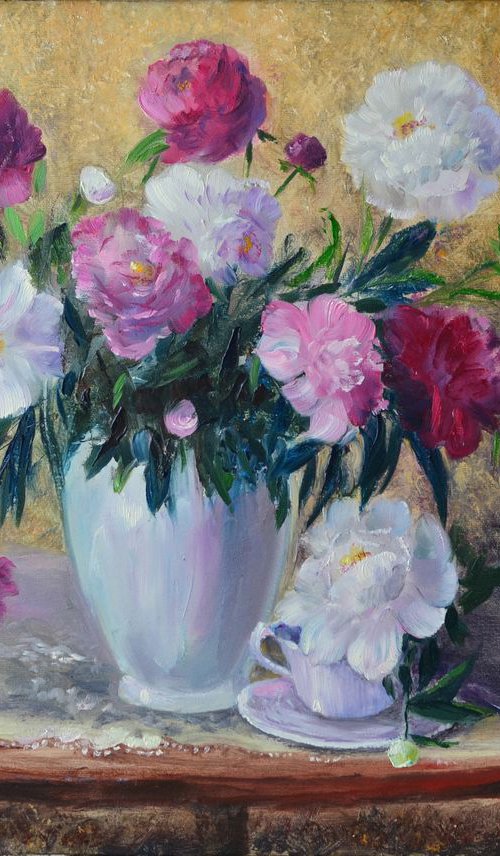 Peonies on the table by Helena Andreyeva