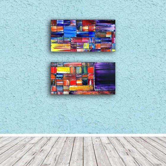 "Barriers" - Save As Series + FREE USA SHIPPING - Original PMS Geometrical Abstract Diptych Oil Paintings On Wood - 24" x 24"