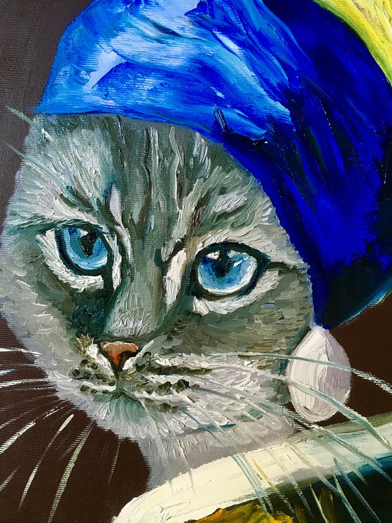 British blue Cat with the pearl earring inspired by Vermeer painting feline art for cat lovers gift idea