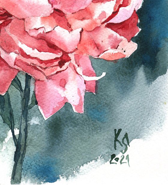 Modern watercolor "Bright red coral peony"  original watercolor illustration