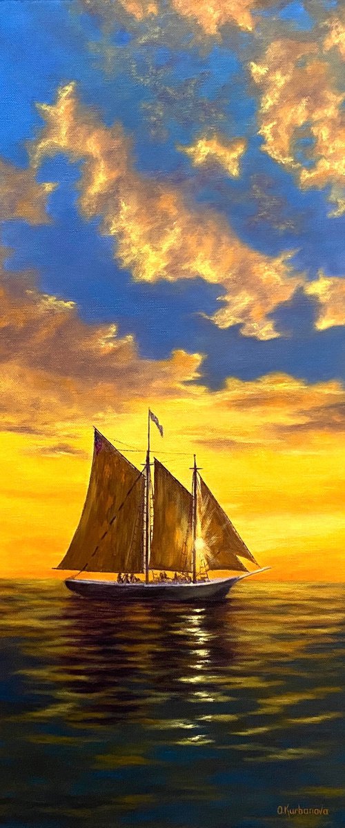 Sailboat at sunset by Olga Kurbanova