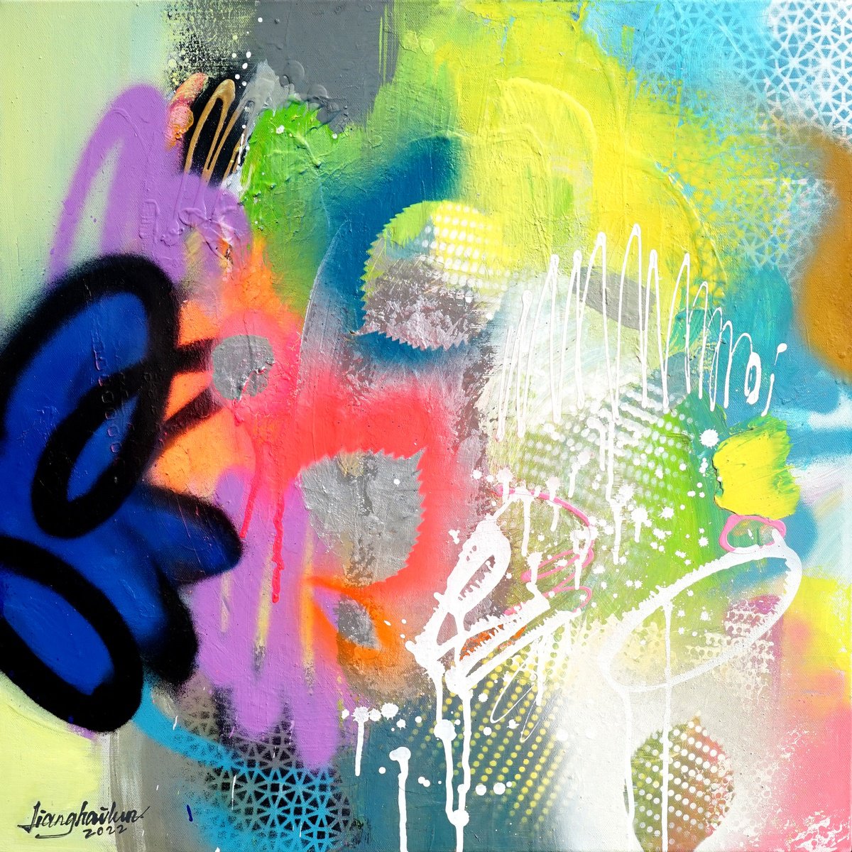 Abstract Acrylic Painting By Liang Hailun, 24 X 24", Clairiere Enchantee, Original Artwork