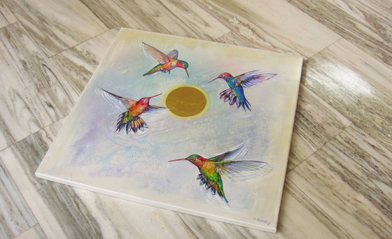 35.4" ”Shining Sun and Hummingbirds” Large Painting