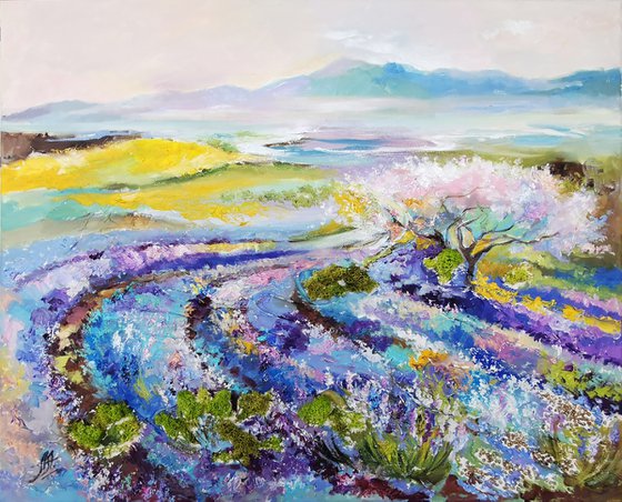 Landscape Oil Painting, Lavender field painting on canvas