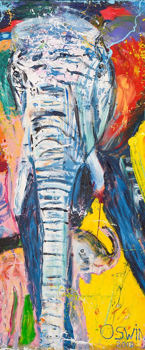 Elephant: Mother and baby elephant 100 x 150 x 4 cm. Elephant, wild life painting by Oswin Gesselli