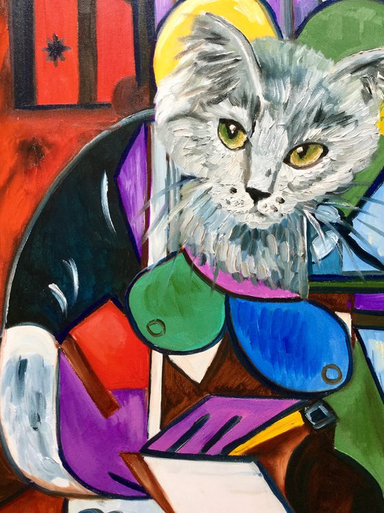 Cat writing a letter, version of Picasso painting FOR CAT LOVERS GIFT IDEA