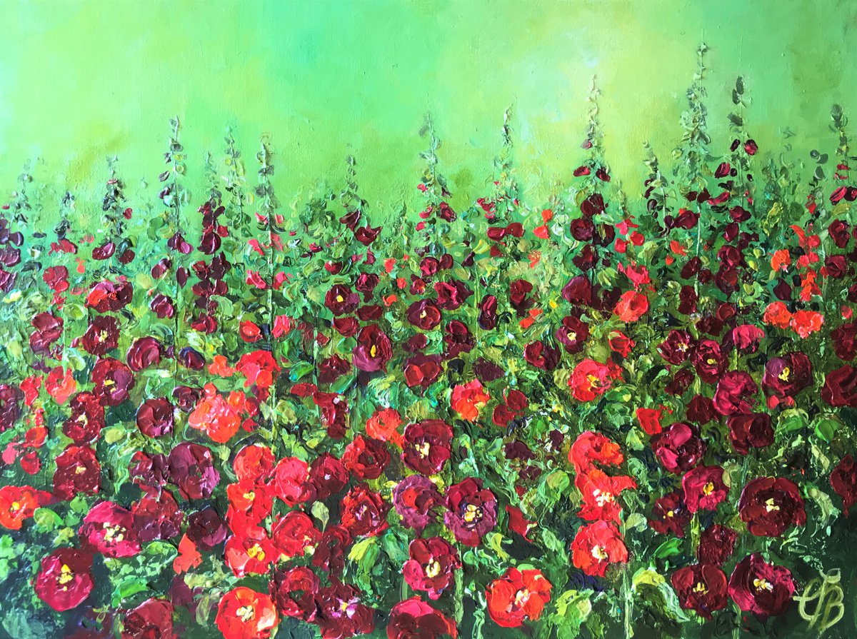 Red Hollyhocks by Colette Baumback