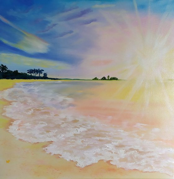 Sunny holiday, original seascape sunrise oil painting, bedroom art, gift idea