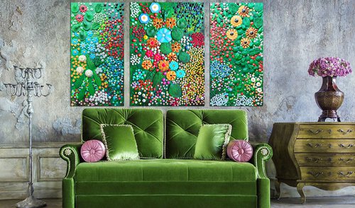 COLORFUL SUMMER GARDEN. Amber, turquoise, agate & mosaic botanical floral abstract flowers art by BAST