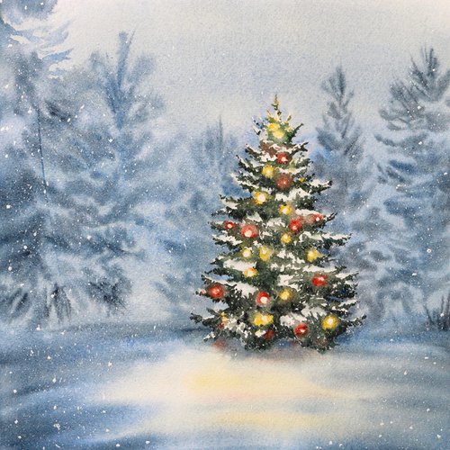 Christmas tree with decorations and garlands in the forest. Original watercolor artwork. by Evgeniya Mokeeva