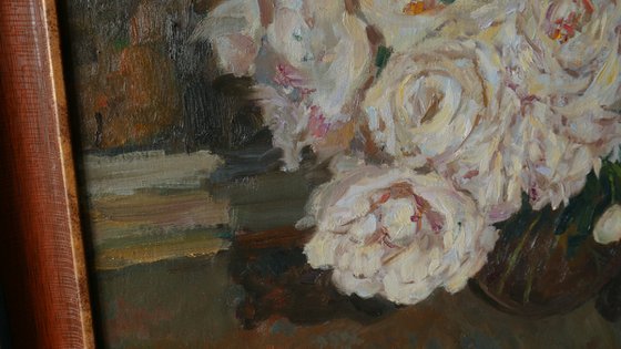 The Peonies Near The Night Window - peonies still life painting