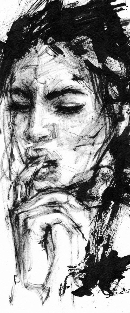 ''Untitled'' Ink Portrait Drawing by Doriana Popa