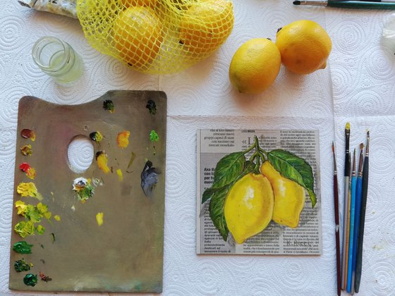 "Leafy Lemons on Newspaper"