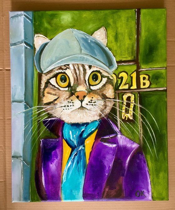 Troy The  Cat- Sherlock Holmes  Baker  Street 221 B   oil painting for cat lovers.