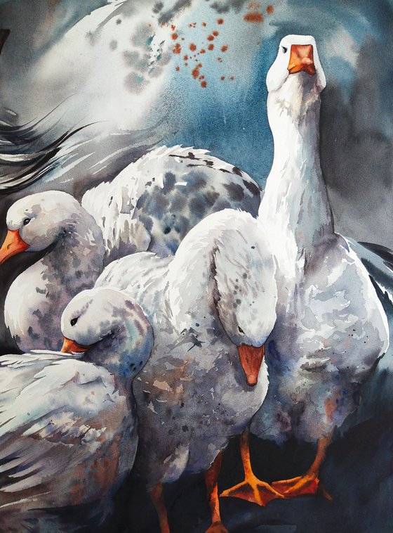 Geese - original watercolor unicorn in a flock of white geese