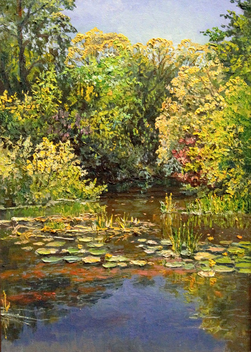 River sunny landscape. Signed oil painting by Dmitry Revyakin