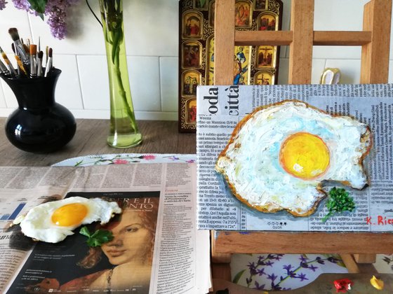 "Egg on Newspaper" Original Painting Food Art 7 by 5"  (18x13 cm)