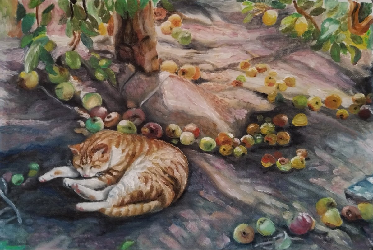 Animal Oil Painting By Viktoria Deri, 12 X 8", Cat Under The Apple Tree, Original Artwork