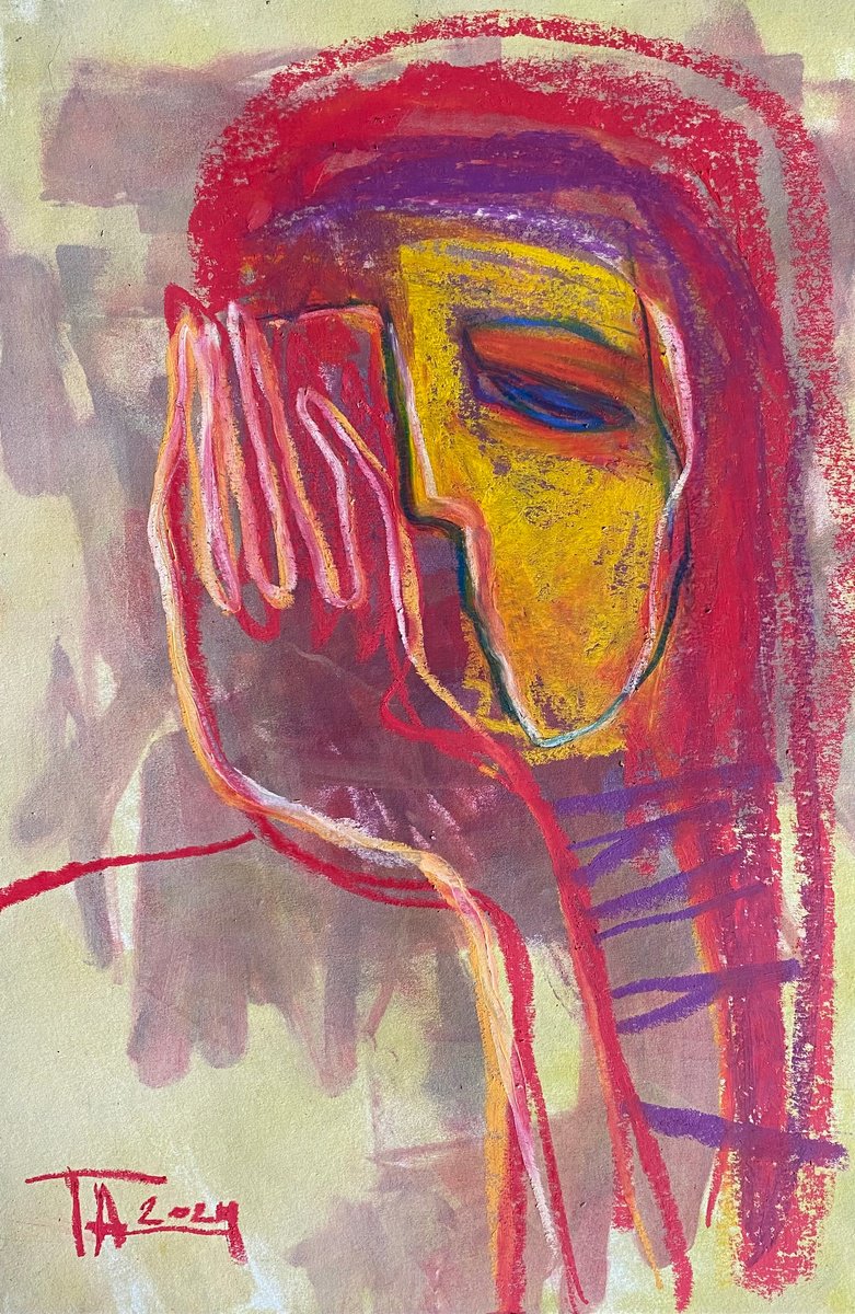 Expressive Portrait Pastel Drawing By Tatjana Auschew, 13 X 20", Sunset., Original Artwork