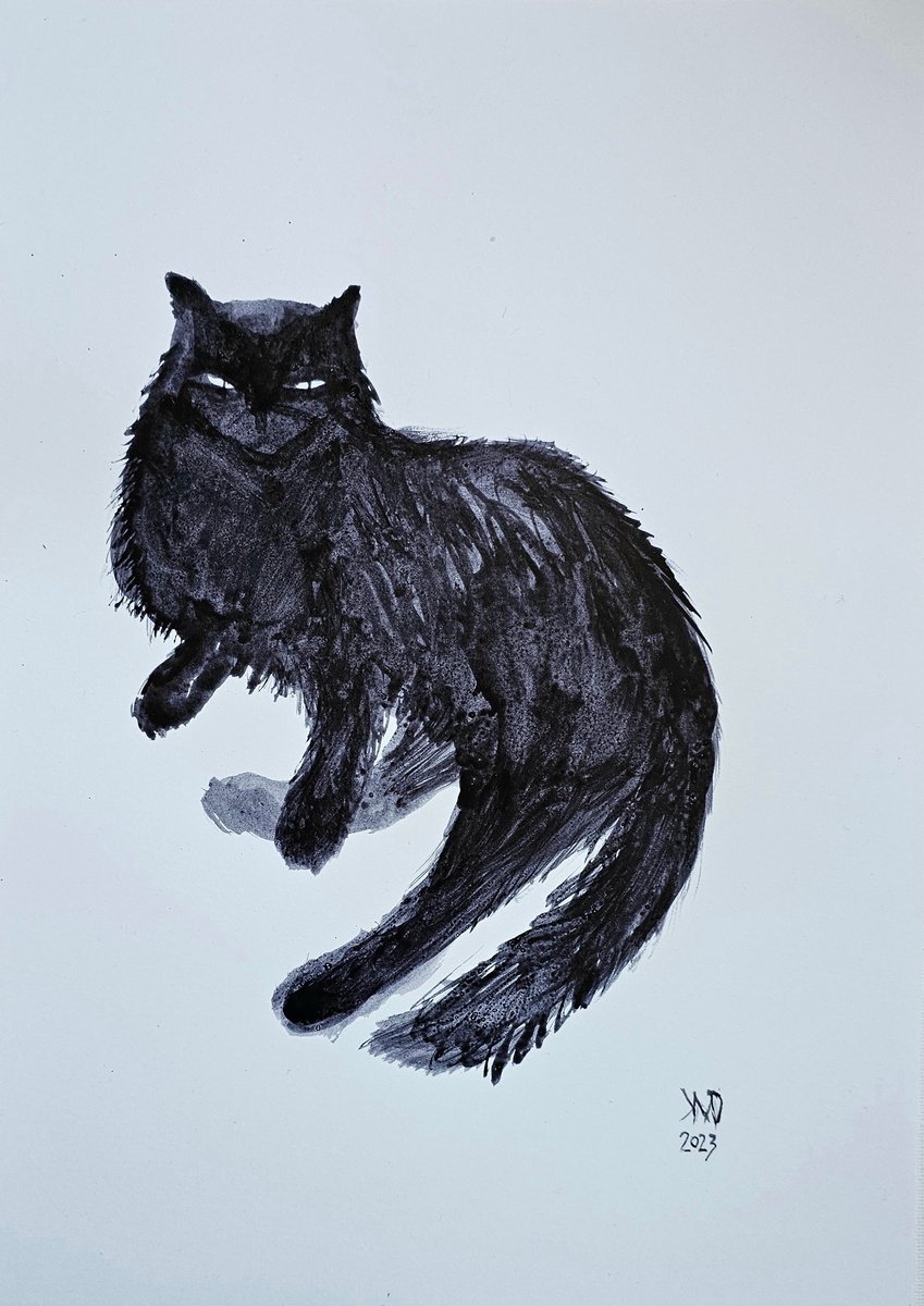Expressive Animal Ink Drawing By Ksenia June, 8 X 12", The Black Cat El Gato, Original Artwork