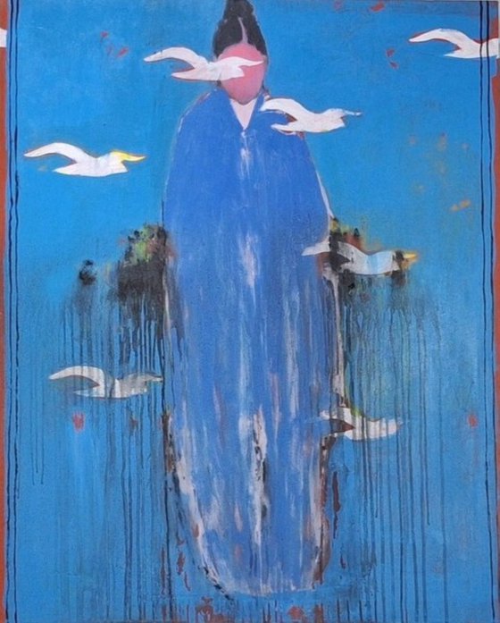 Silent Ascension – Blue Figure with Birds