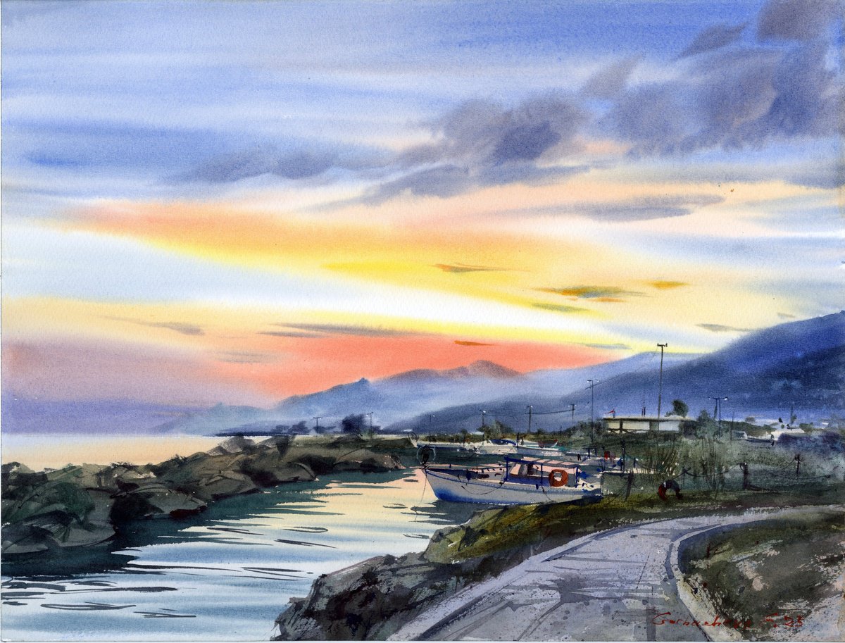 Impressionistic Watercolour , Golden Hour In Cyprus #2 By Eugenia Gorbacheva, 16 X 12, Artwork For Sale On Artfinder