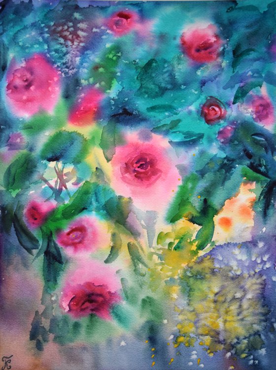 Roses Watercolor Painting, Abstract Wall Art, Pink Flowers Original Artwork