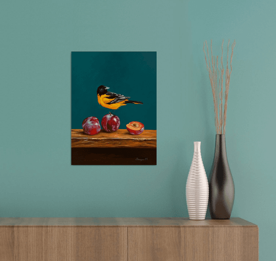 Still life with bird and plums (30x40cm, oil painting, ready to hang)