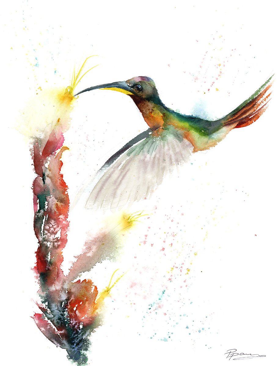 Impressionistic Animal Watercolour By Olga Tchefranov (Shefranov), 12 X 16", Flying Hummingbird, Original Artwork