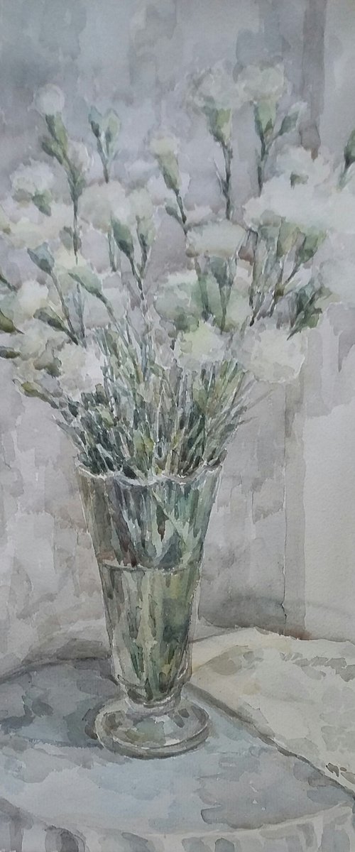 White carnations. Original watercolour painting. by Elena Klyan