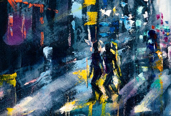 "Street of the night city" people with umbrella , original oil painting