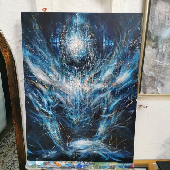 Large XXL enigmatic metaphysical dark blue abstract angel composition by master KLOSKA