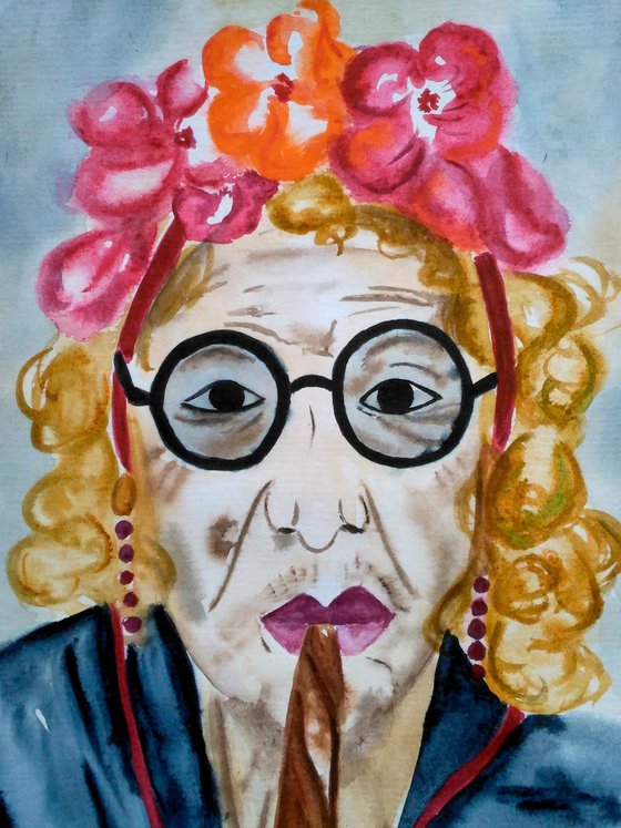 Cuban original watercolor painting woman with flowers hat " Viva Cuba"