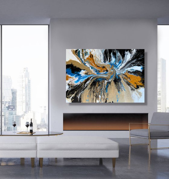The Shining of Gold #6 - LARGE, VIBRANT, WHITE , GOLD, BLACK & BLUE ABSTRACT ART – EXPRESSIONS OF ENERGY AND LIGHT. READY TO HANG!