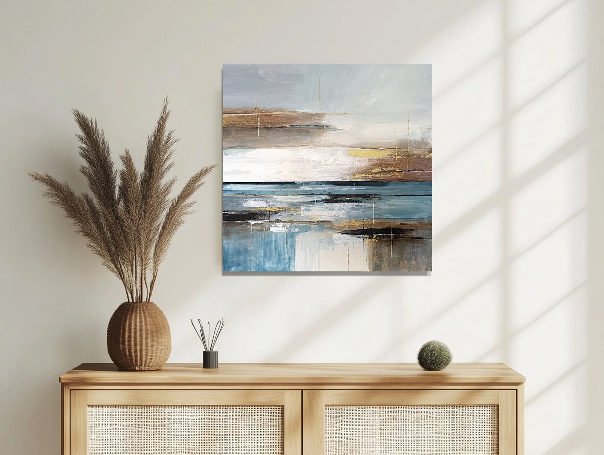 Geometric Landscape Acrylic Painting By Tatiana Malinovscaia, 24 X 24", Coastal Layered Still, Original Artwork