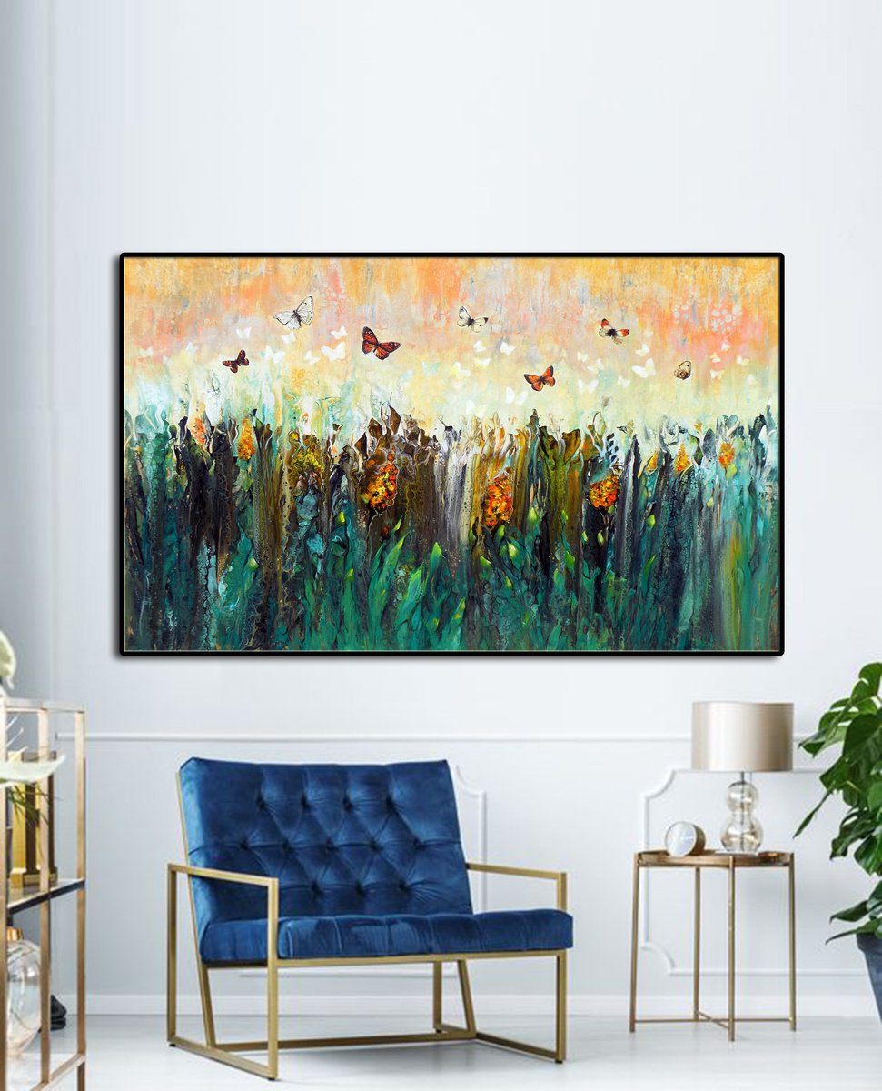 Impressionistic Botanical Painting By Areti Ampi, 47 X 31, Butterflies And Wildflowers, Original Artwork