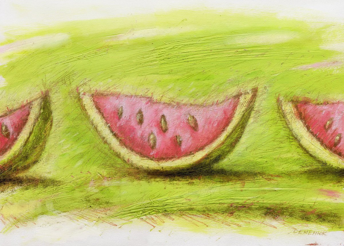 Watermelons On Green Background by Evgen Semenyuk