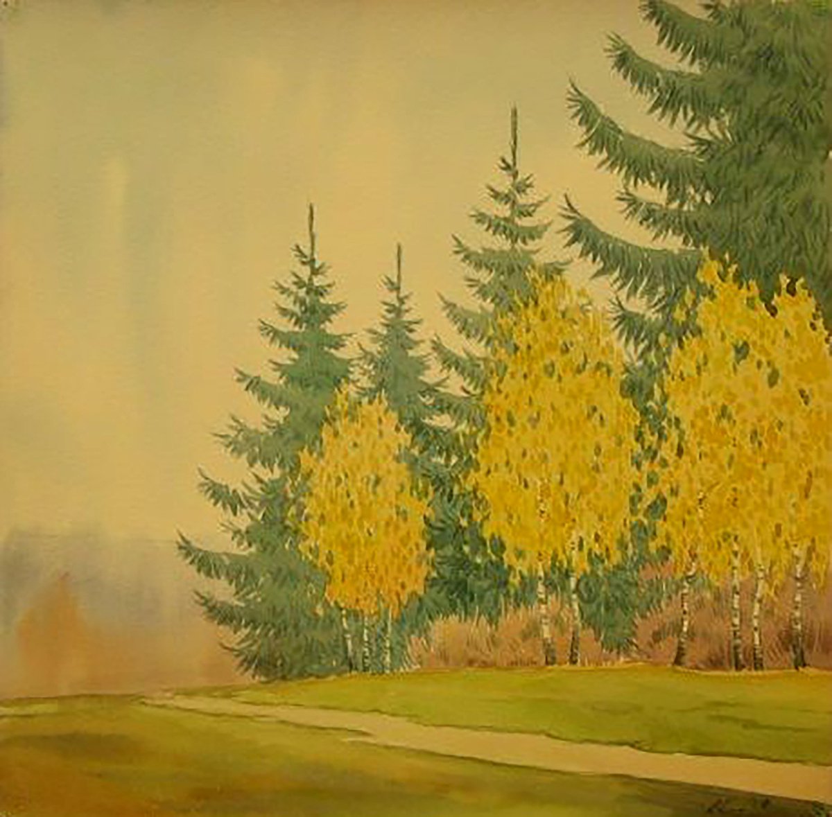 Impressionistic Landscape Watercolour By Valeriy Savenets-1, 12 X 12", Autumn Sketch, Original Artwork