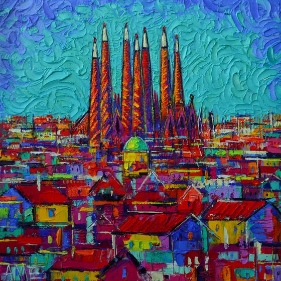 ABSTRACT CITYSCAPE BARCELONA SAGRADA FAMILIA stylized city textural impressionist impasto palette knife oil painting contemporary art by ANA MARIA EDULESCU