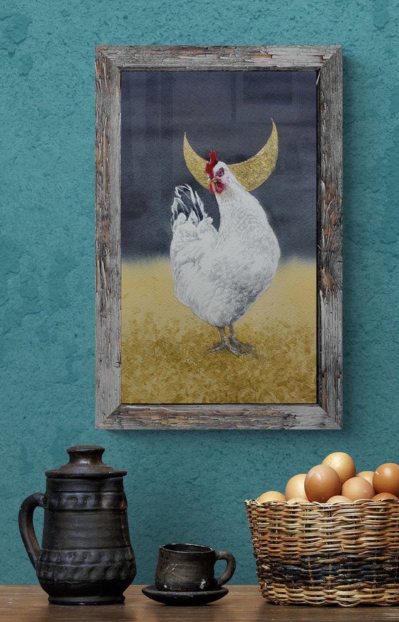 White chicken at golden field