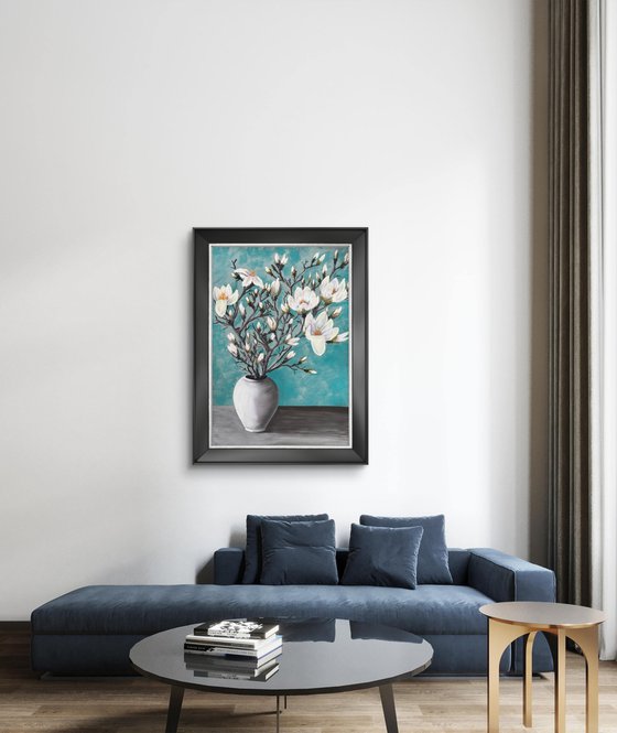 Big size White magnolia in vase