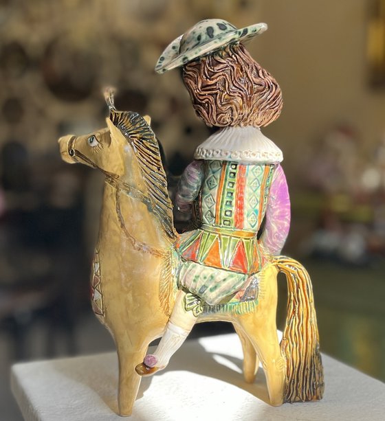 Vintage dressed girl with ice riding horse.