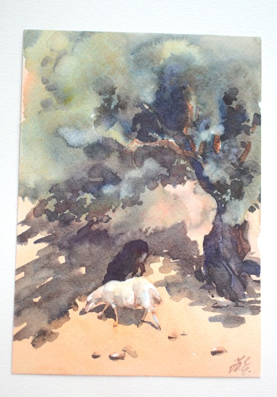 Two sheep under the tree, watercolor sketch of animals