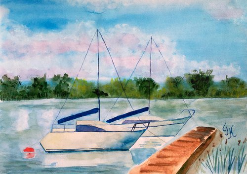 Sailboat Painting Nautical Original Art Marina Watercolor Harbor Artwork River Landscape Small Wall Art 17 by 12" by Halyna Kirichenko by Halyna Kirichenko
