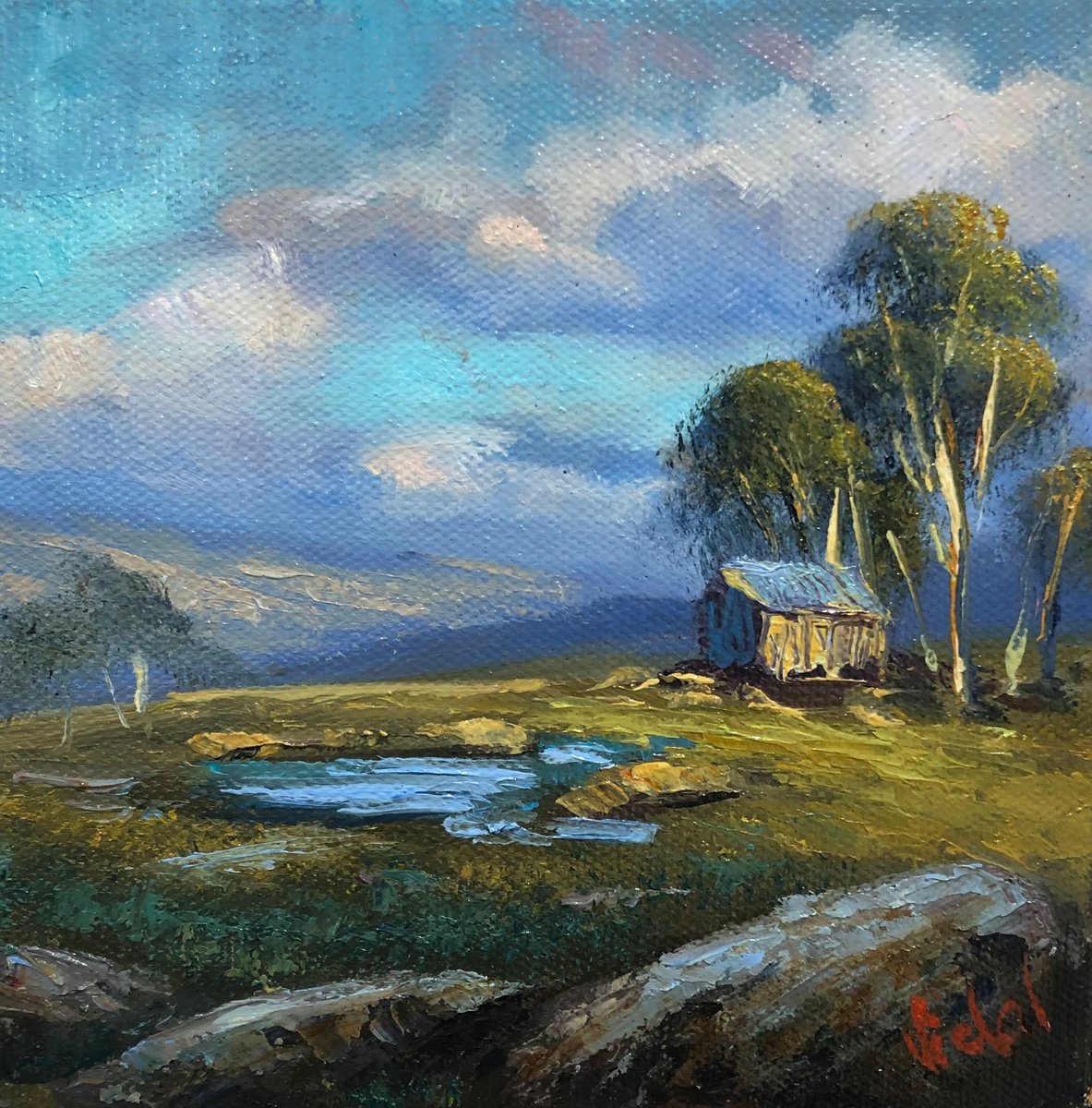 Impressionistic Landscape Oil Painting By Christopher Vidal, 6 X 6, Mountain Serenity, Original Artwork