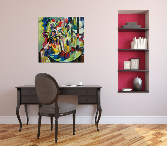 Still life with wine and pomegranates (80x80cm, cubism, oil painting, ready to hang)