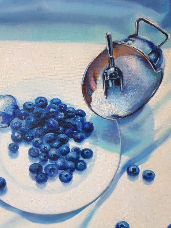 "Slightly sour.  "  still life summer blueberry blue berries  white liGHt original painting  GIFT (2021)