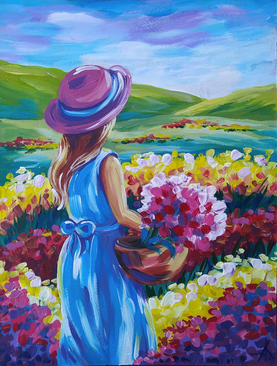 Peace - acrylic painting, child, tulips, childhood, girl, children, woman, flowers, tulips field